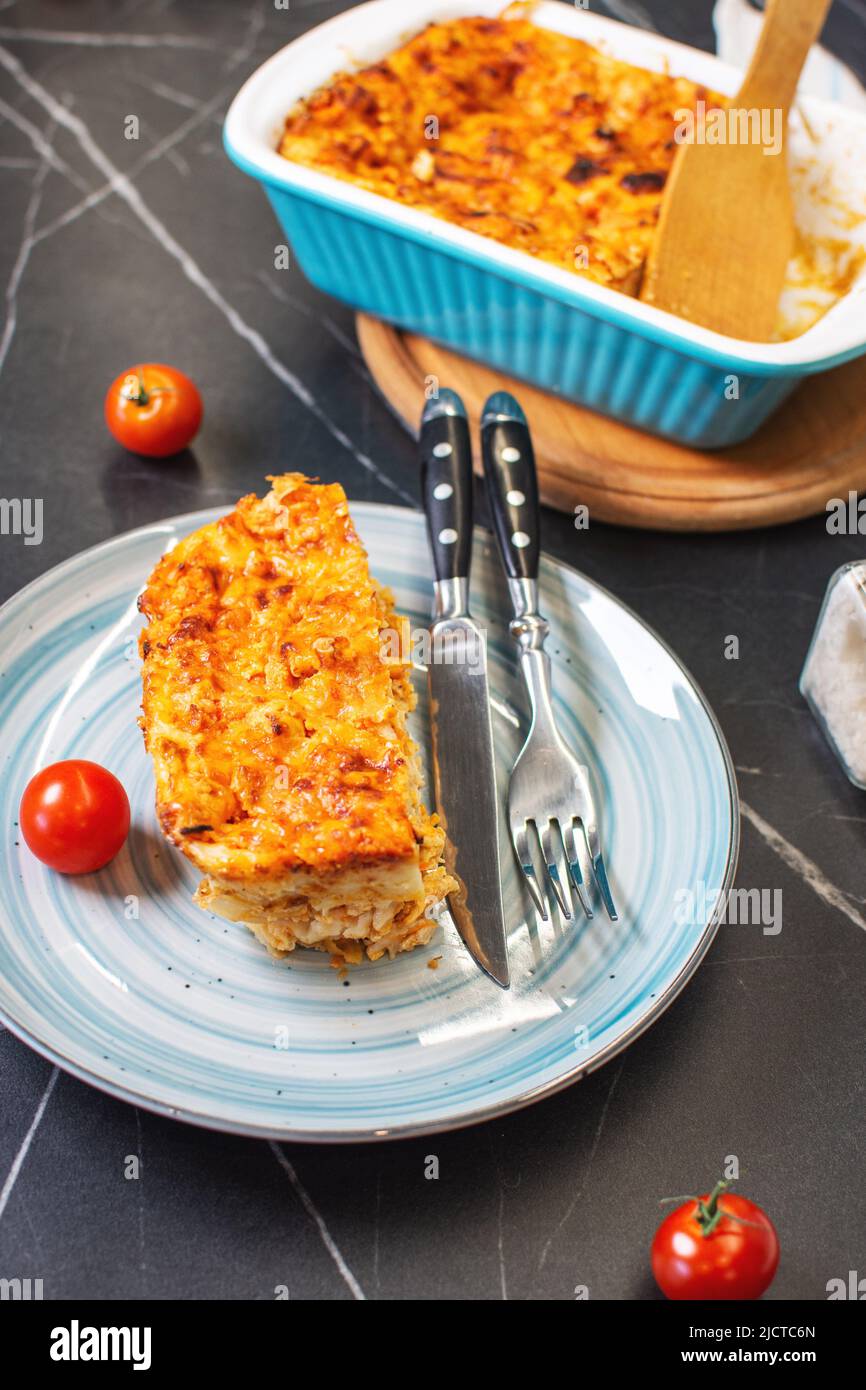 Traditional italian lasagna with minced meat and cheese. Stock Photo