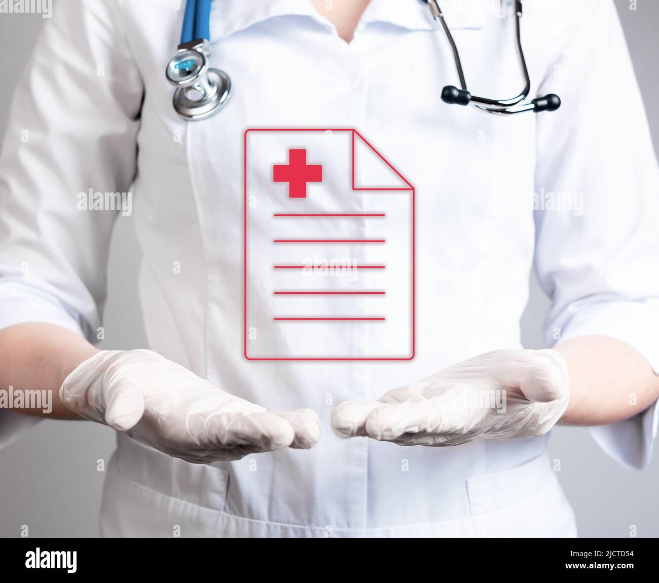 Virtual medical prescription, test results over doctor hands. Woman in lab coat with stethoscope holding document with patient diagnosis, treatment history, recommendations for illness cure. photo Stock Photo