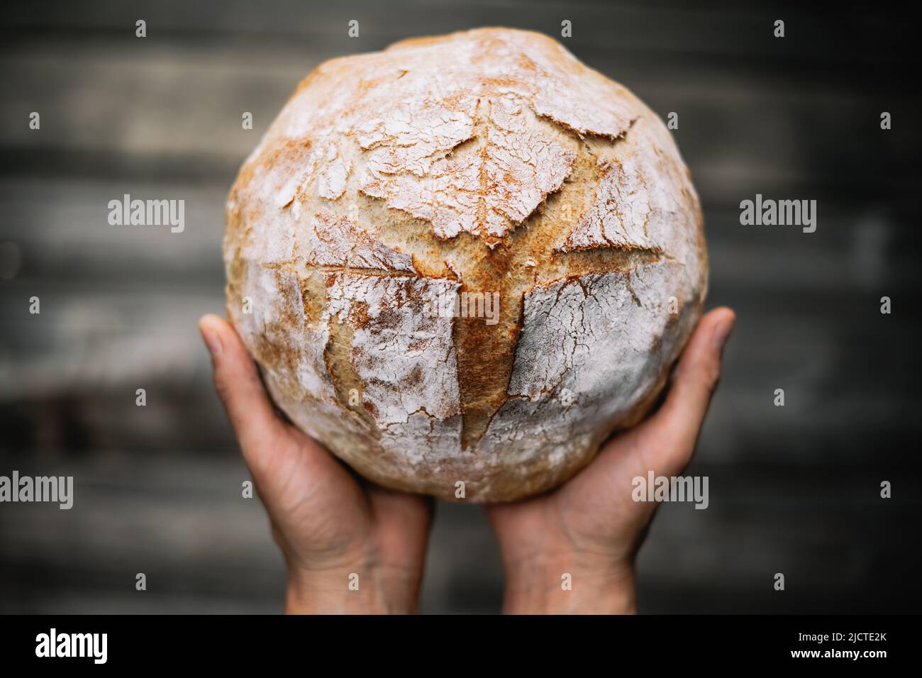 Traditional leavened sourdough bread in baker hands on a rustic wooden table. Healthy food photography Stock Photo
