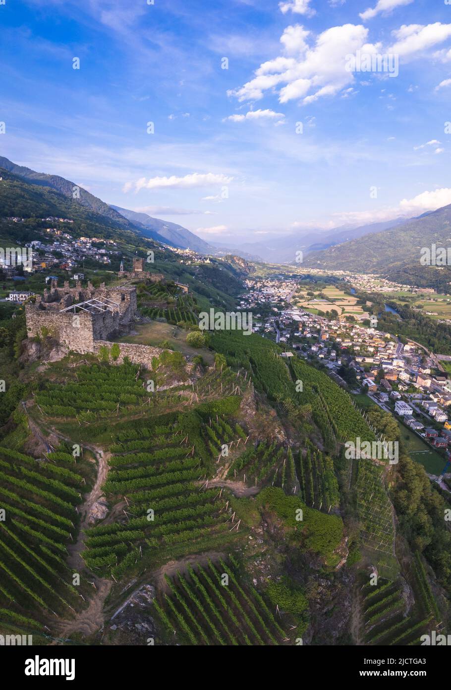 Panoramic aerial view of landscape of Valtellina with his vineyards, Grumello, Lombardy.  Stock Photo