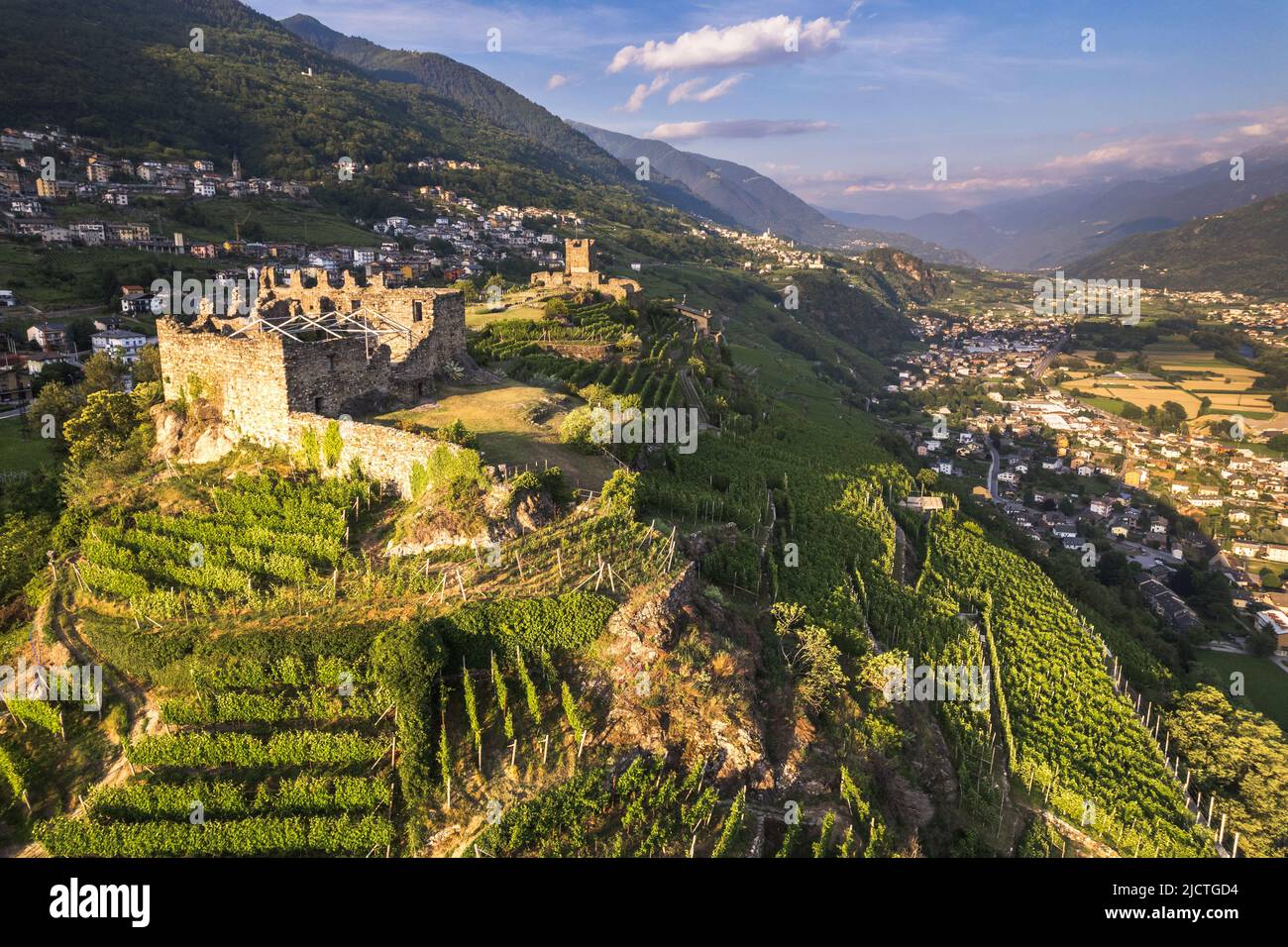 Aerial view of landscape of Valtellina with his vineyards, Grumello, Lombardy.  Stock Photo