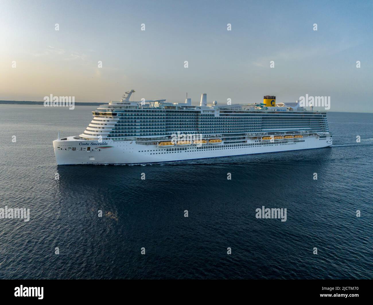 Costa Smeralda is an Excellence-class cruise ship currently operated by Costa Cruises, a subsidiary of Carnival Corporation.  aerial view. Stock Photo