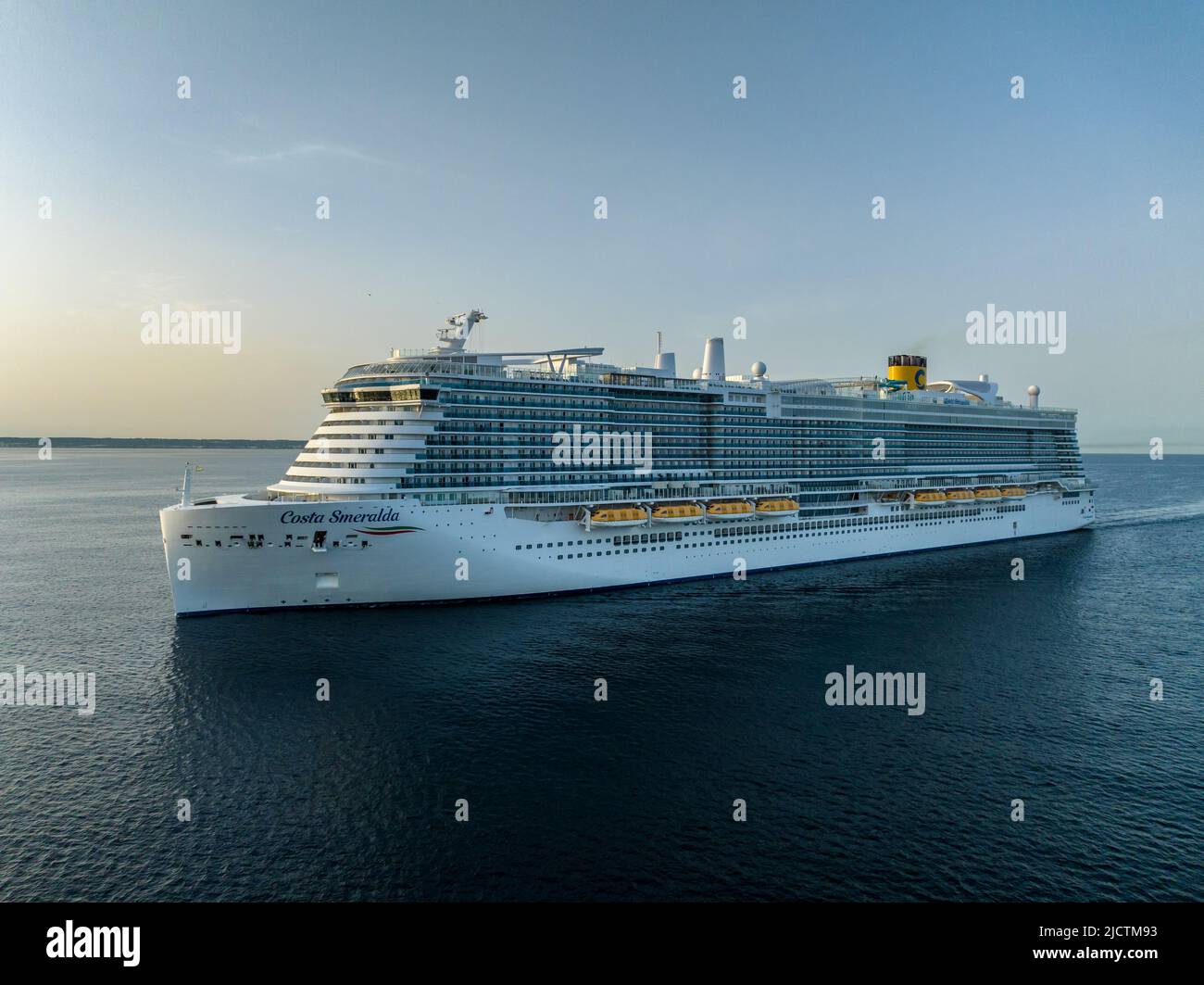Costa Smeralda is an Excellence-class cruise ship currently operated by Costa Cruises, a subsidiary of Carnival Corporation.  aerial view. Stock Photo
