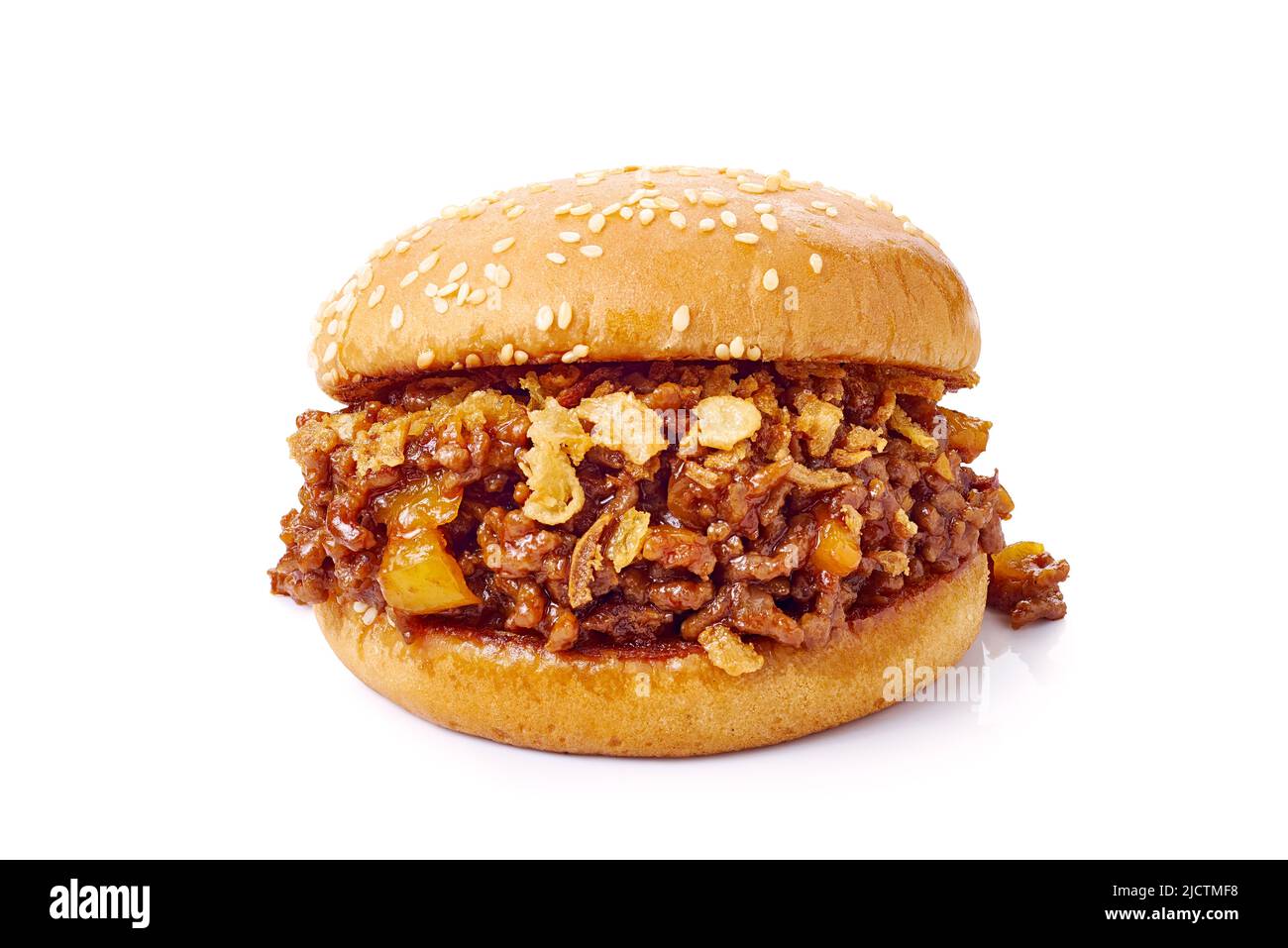 Sloppy joe sandwich with ground beef on white background Stock Photo