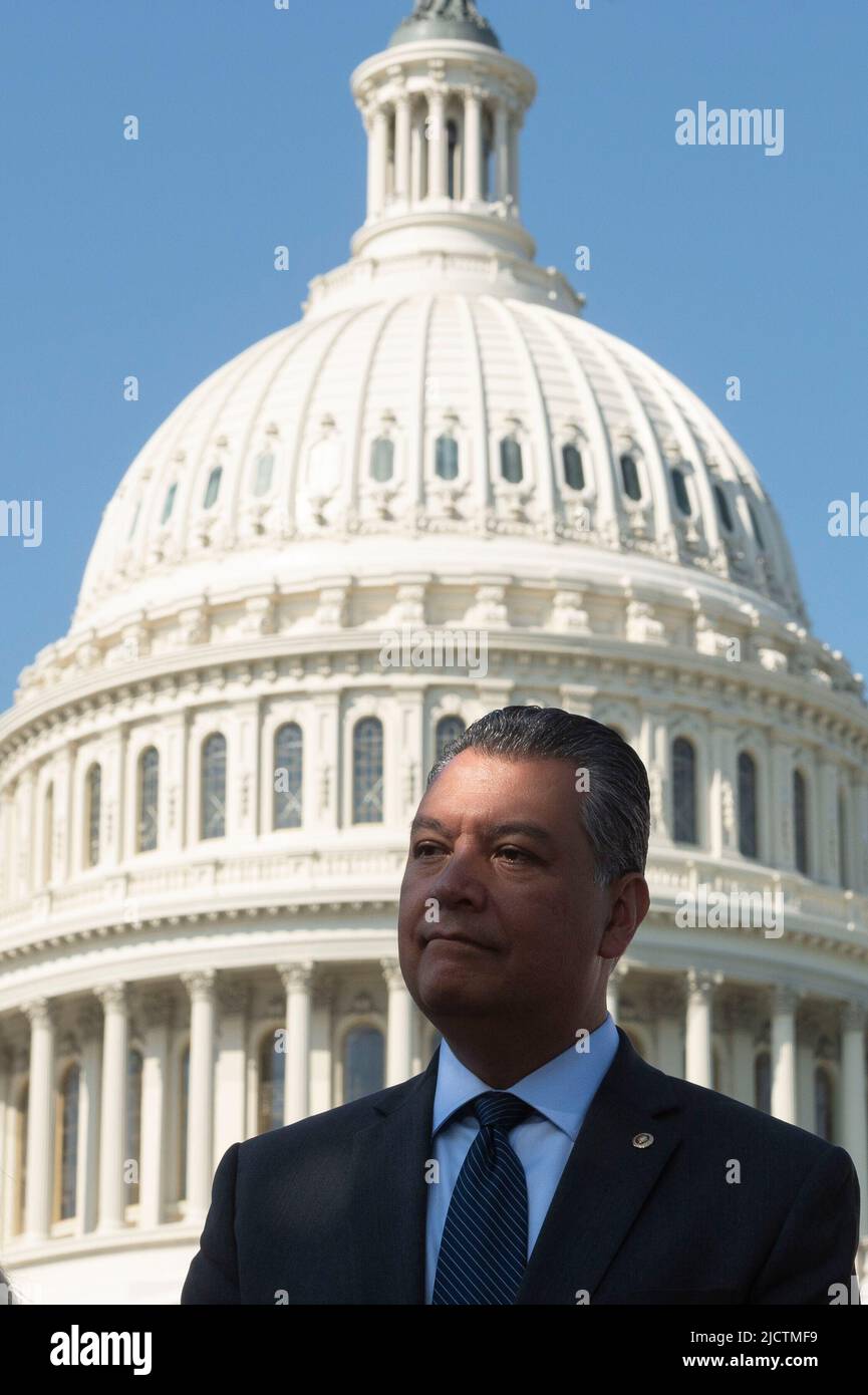 Washington, Vereinigte Staaten. 15th June, 2022. United States Senator Alex Padilla (Democrat of California) waits to speak at a news conference 10th anniversary of Deferred Action for Childhood Arrivals (DACA) and to call on Congress to pass Dream Act legislation, on Capitol Hill in Washington, DC, Wednesday, June 15, 2022. Credit: Cliff Owen/CNP/dpa/Alamy Live News Stock Photo