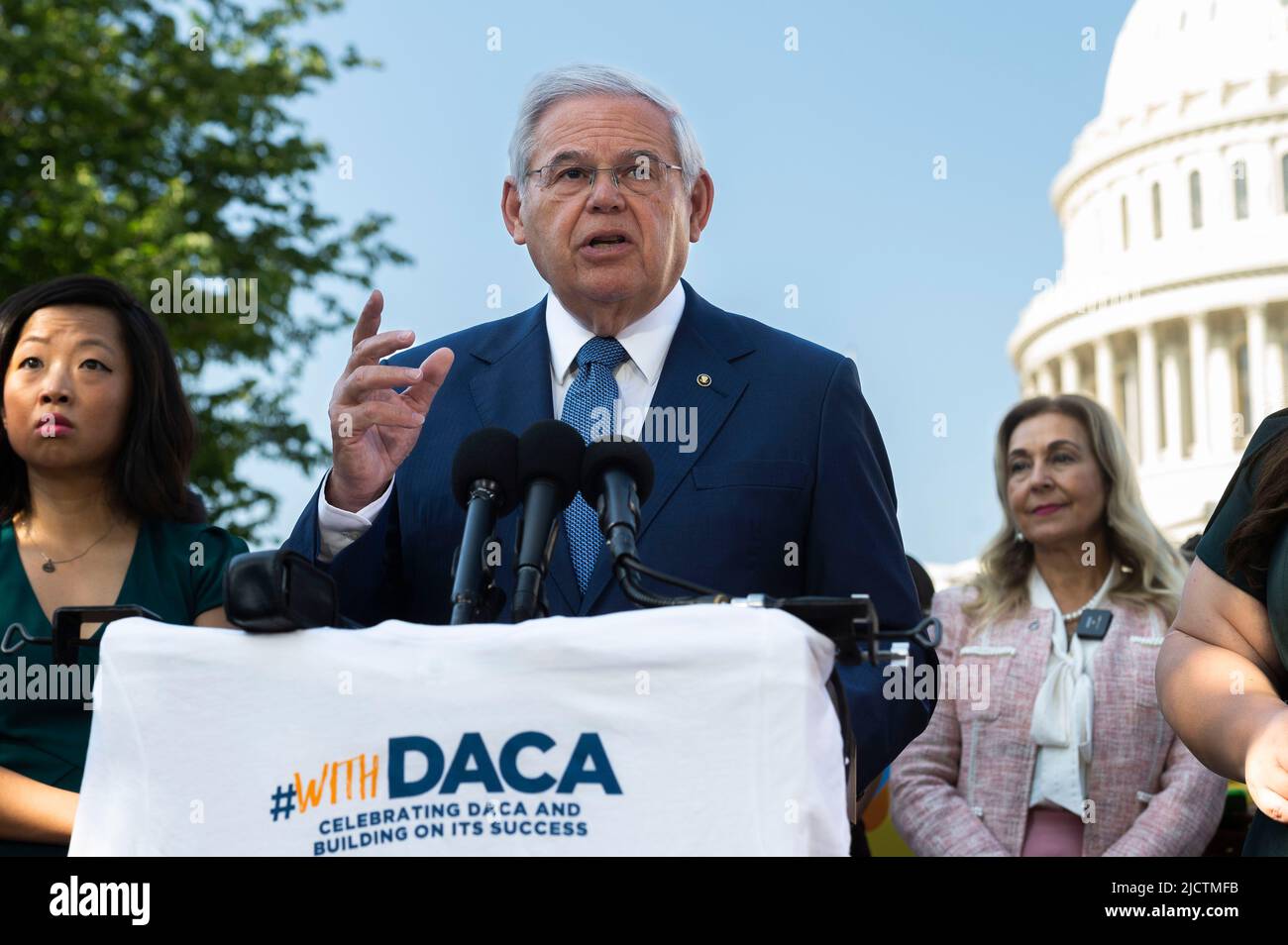 Washington, Vereinigte Staaten. 15th June, 2022. United States Senator Bob Menendez (Democrat of New Jersey) speaks at a news conference 10th anniversary of Deferred Action for Childhood Arrivals (DACA) and to call on Congress to pass Dream Act legislation, on Capitol Hill in Washington, DC, Wednesday, June 15, 2022. Credit: Cliff Owen/CNP/dpa/Alamy Live News Stock Photo