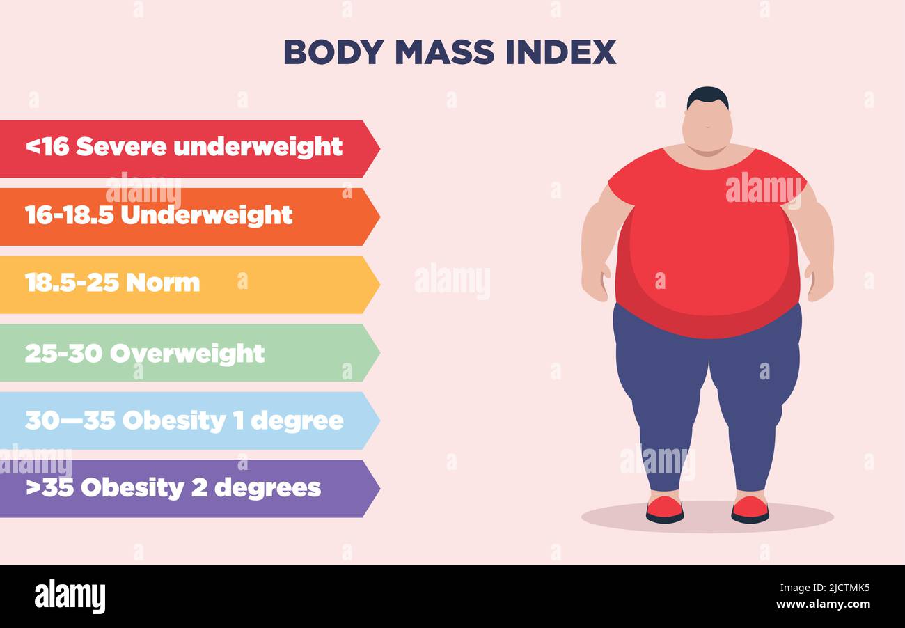 Poster with BMI infographics and fat person on pink backdrop Stock Vector