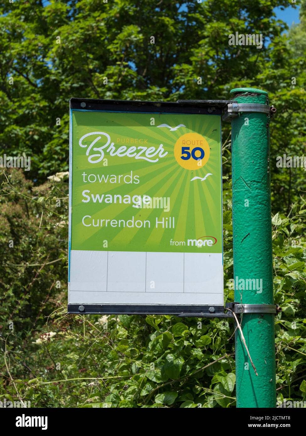 Bus stop sign for the Breezer bus heading towards Swanage in Dorset, UK. Stock Photo
