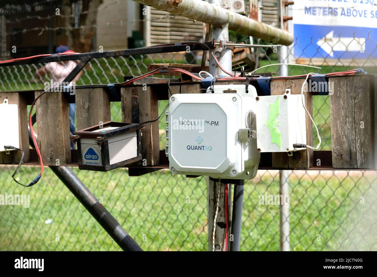 Kampala, Uganda. 31st May, 2022. The device of air quality monitoring system designed by AirQo is seen at Makerere University in Kampala, Uganda, on May 31, 2022. TO GO WITH Ugandan scientists build low-cost air quality monitoring system Credit: Hajarah Nalwadda/Xinhua/Alamy Live News Stock Photo