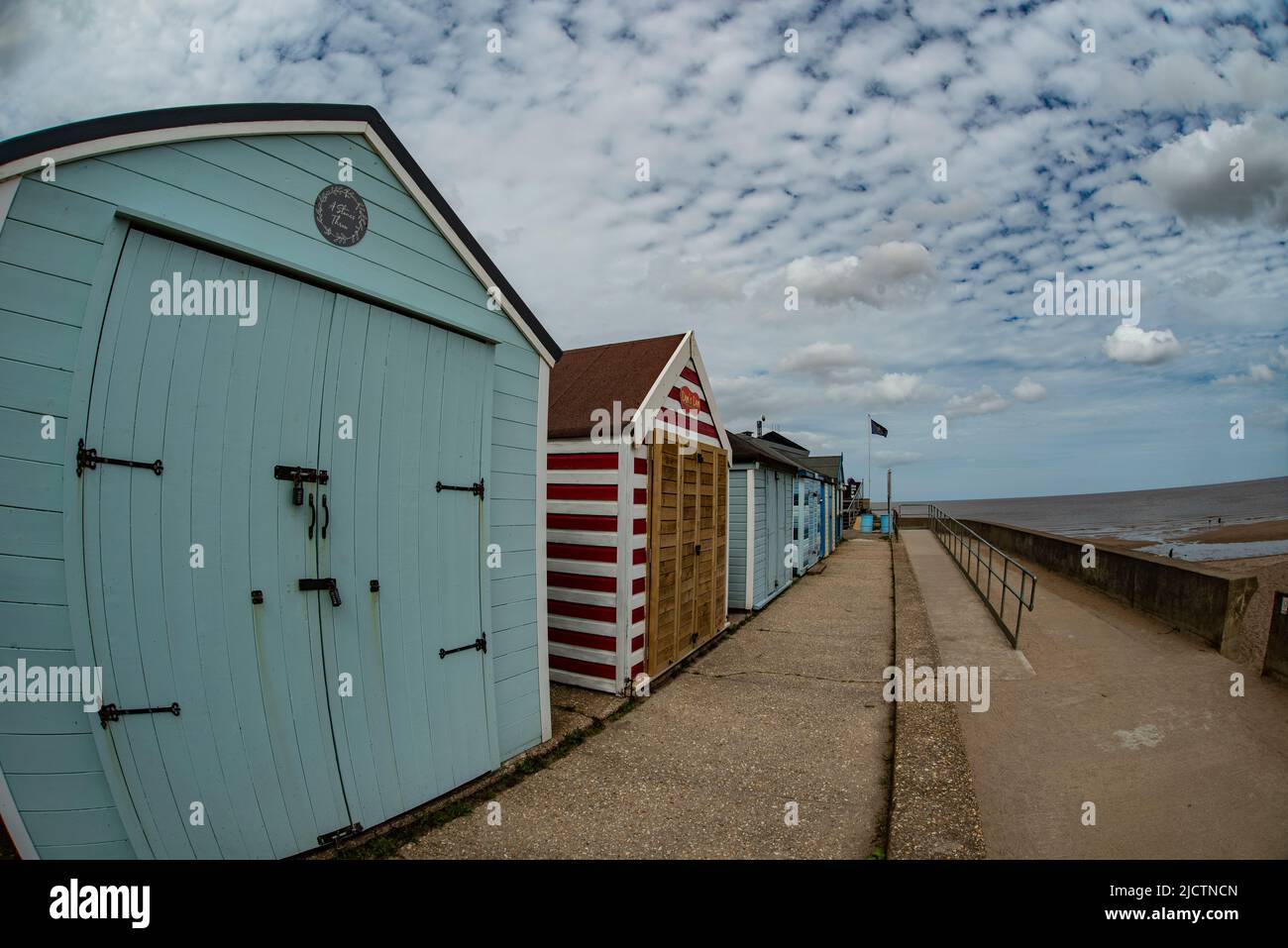 Beach Huts / Houses at North Sea Observatory, Chapel Point Beach, Chapel St. Leonards, near Skegness, Lincolnshire, UK Stock Photo