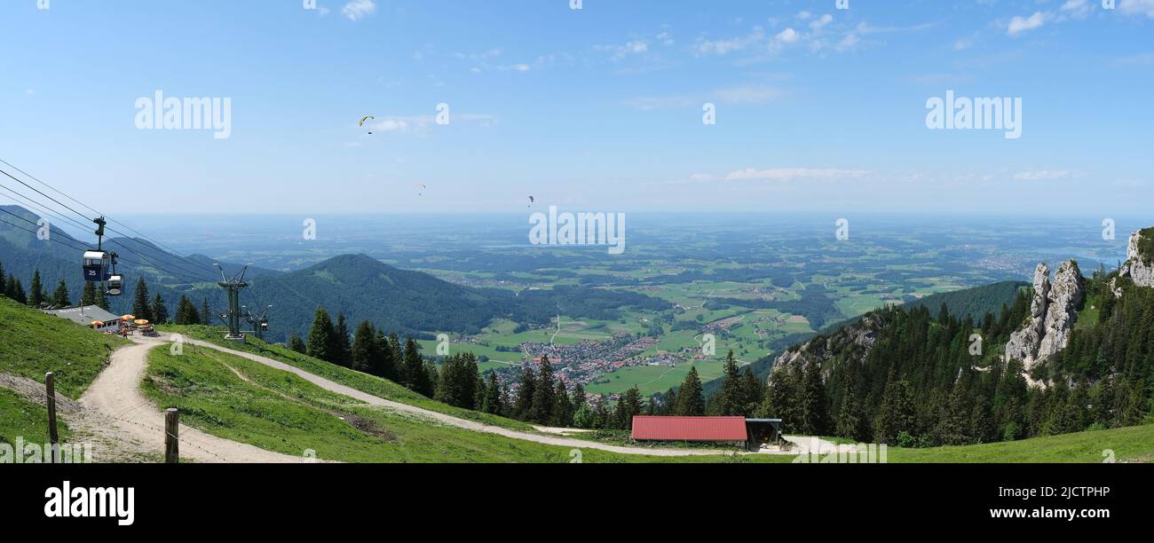 Upper Bavaria, Germany, June 4, 2022, panoramic view from the mountain station of the Kampenwandbahn to the Chiemgau alpine foothills with the Möslarn Stock Photo