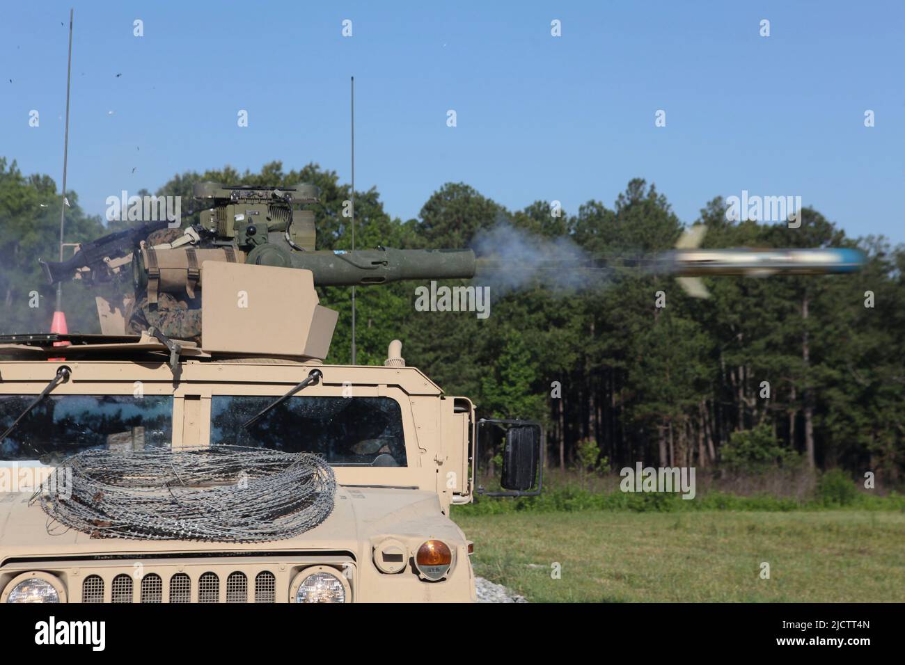 US Marines train for anti-tank warfare launching a TOW missile mounted to a Humvee on Marine Corps Base Camp Lejeune, NC. Stock Photo