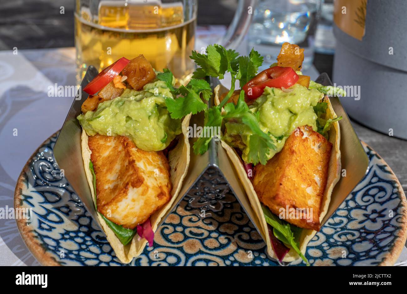 Tacos with deep fried halloumi served at a restaurant in Norrkoping Sweden Stock Photo