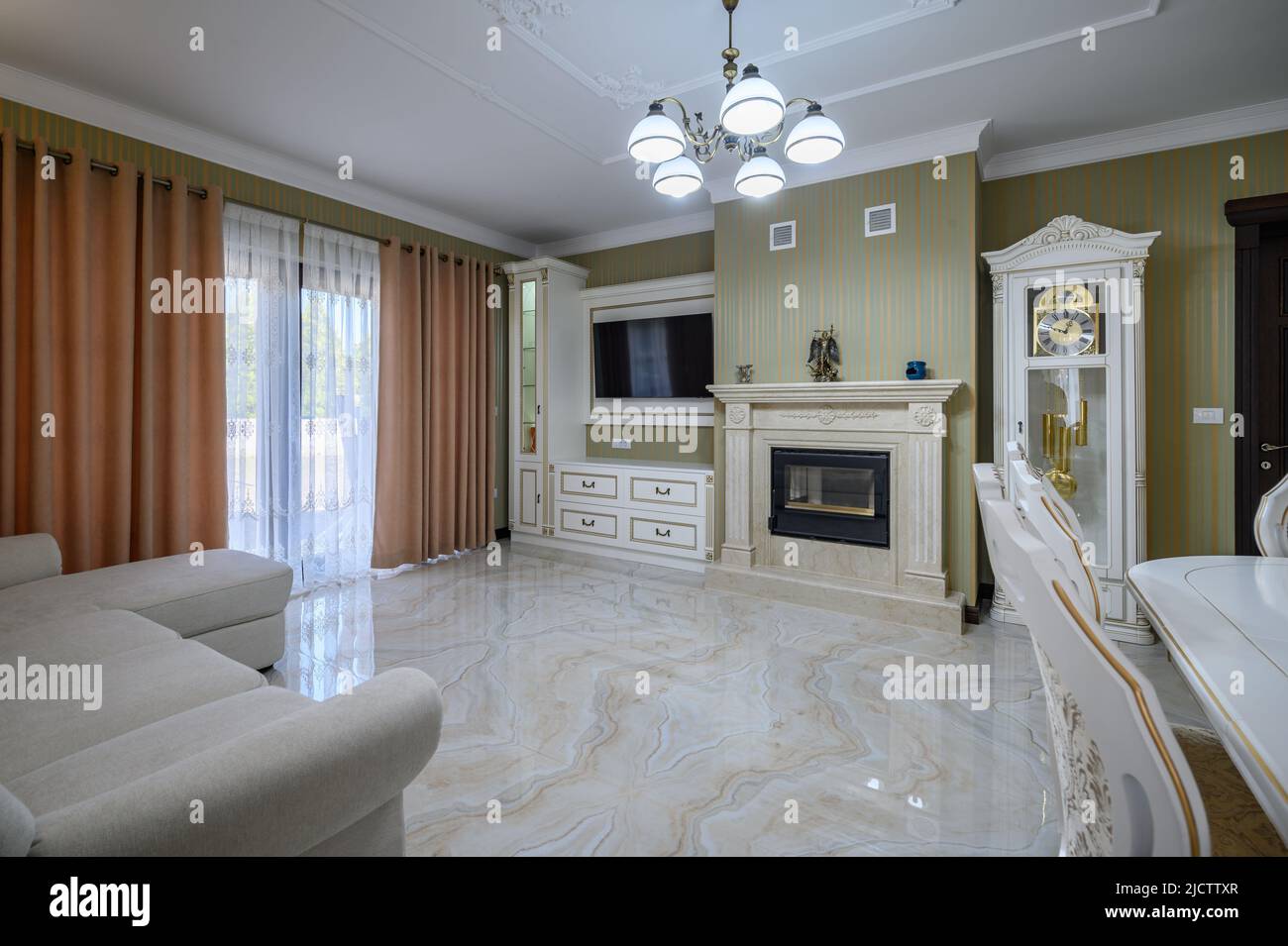 Classic living room interior design with marble floor Stock Photo - Alamy
