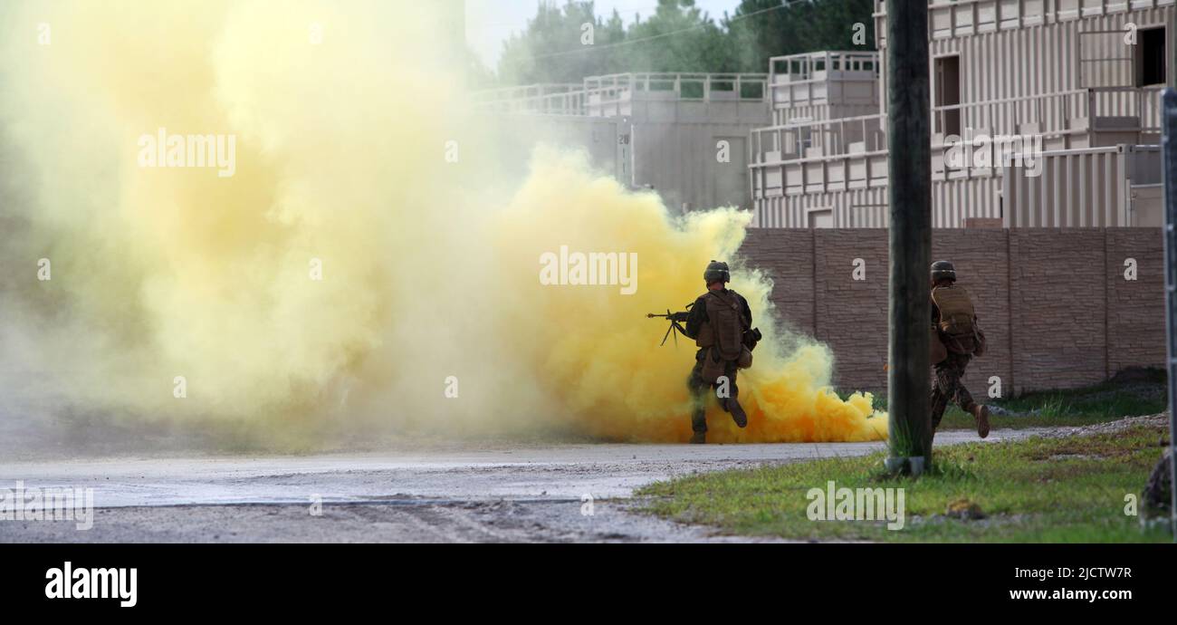 U.S. Marines with 3rd Squad, 3rd Platoon, Bravo Company, 1st Battalion, 8th Marine Regiment (1/8), 2D Marine Division, move through the concealment of Stock Photo