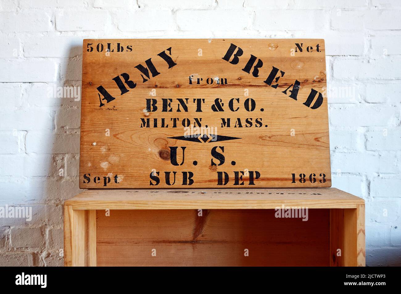 antique Army bread box, 1863, wood, stenciling, words, rustic, old, Fort Clinch State Park; Amelia Island, Florida; Fernandina Beach; FL Stock Photo