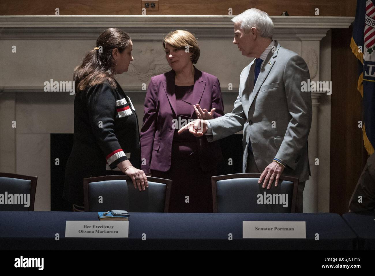 Ukrainian ambassador to the United States, Oksana Markarova, left, meets with U.S. Senator Amy Klobuchar D-MN., and U.S. Senators Rob Portman, R-OH, prior to sitting down with other members of the Ukrainian Parliament to brief on the latest events regarding Russia's unprovoked and unjustified invasion of Ukraine in the Mansfield room of the U.S. Capitol on Wednesday, June 15, 2022. After weeks of fighting, Russia's military is in control of at least 80% of Severodonetsk -- a city in eastern Ukraine believed to be the largest that's still under some Ukrainian control. Photo by Ken Cedeno/UPI Stock Photo