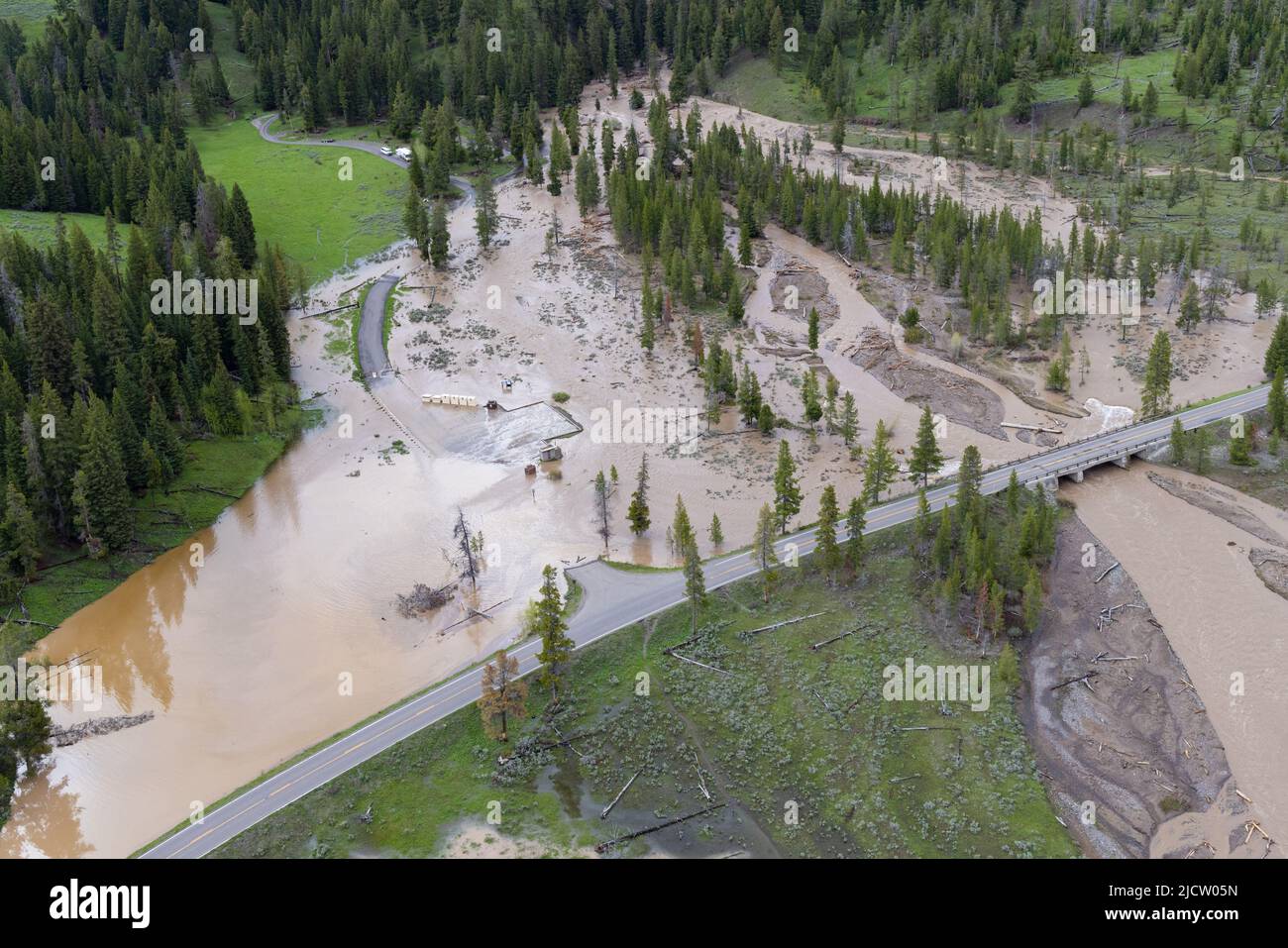 Yellowstone, United States. 13th June, 2022. The Pebble Creek campground is washed out after record rains and snow melt caused destructive floods closing Yellowstone National Park at the start of the busy season, June 13, 2022 in Yellowstone, Montana. Credit: Jacob W. Frank/NPS Photo/Alamy Live News Stock Photo