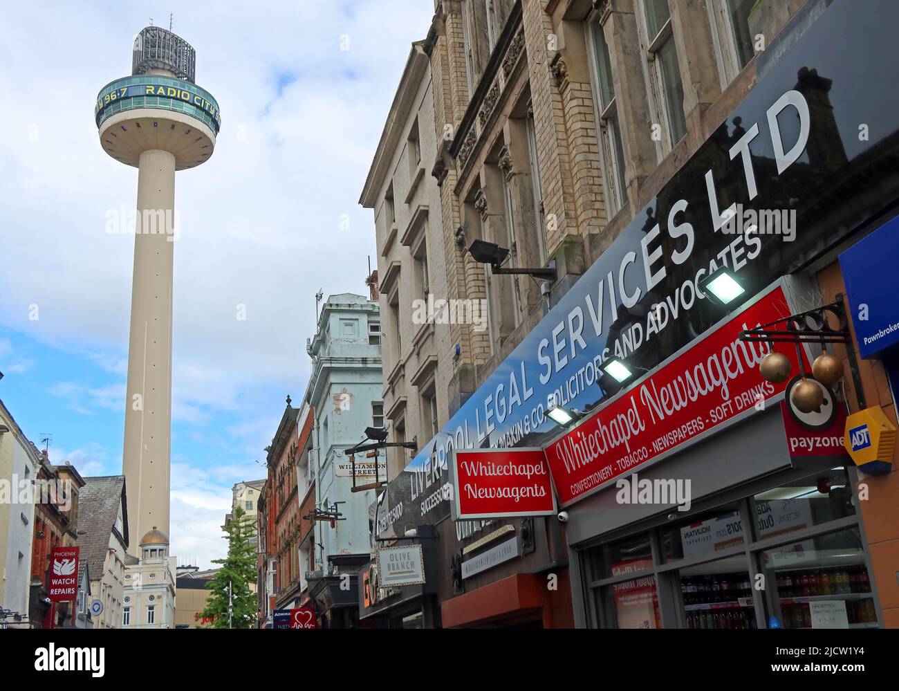 St johns Beacon, (Radio City tower), from Richmond Street, Whitechapel, Liverpool, Merseyside, England, UK, L1 6DZ Stock Photo