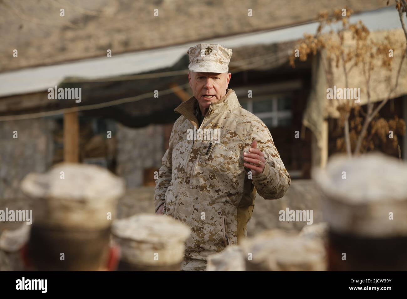 U.S. Marine Corps General James F. Amos, Commandant of the Marine Corps, talks to Marines about the future of the Marine Corps on Forward Operating Ba Stock Photo