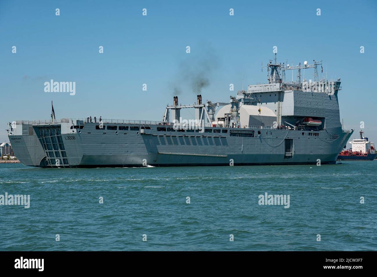 The Royal fleet Auxiliary landing ship dock (LSD(A) RFA Mounts Bay (L3008) making a rare visit to Portsmouth, UK on the 14th June 2022. Stock Photo