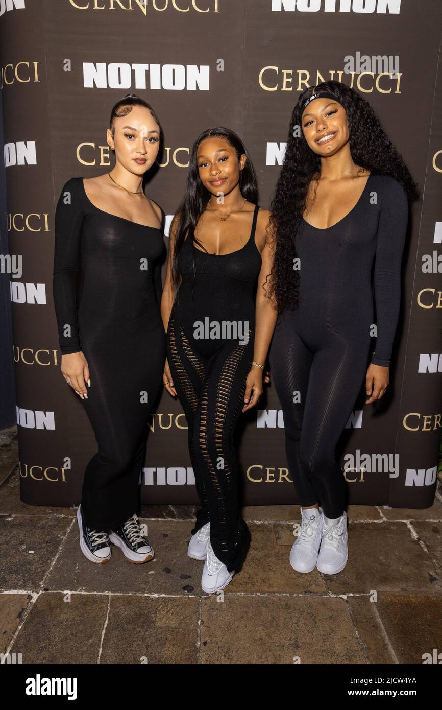 London, UK. 15th June, 2022. (L-R) Renée Downer, Jorja Douglas, and Stella Quare, of the new London girl band FLO, attend and perform at the Notion 91 Issue Launch Party at Amazing Grace in London. Credit: SOPA Images Limited/Alamy Live News Stock Photo