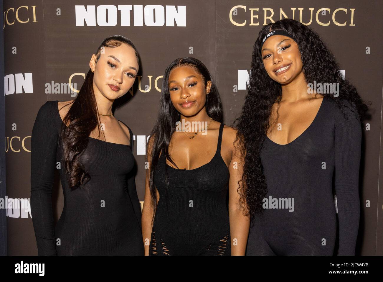 London, UK. 15th June, 2022. (L-R) Renée Downer, Jorja Douglas, and Stella Quare, of the new London girl band FLO, attend and perform at the Notion 91 Issue Launch Party at Amazing Grace in London. Credit: SOPA Images Limited/Alamy Live News Stock Photo