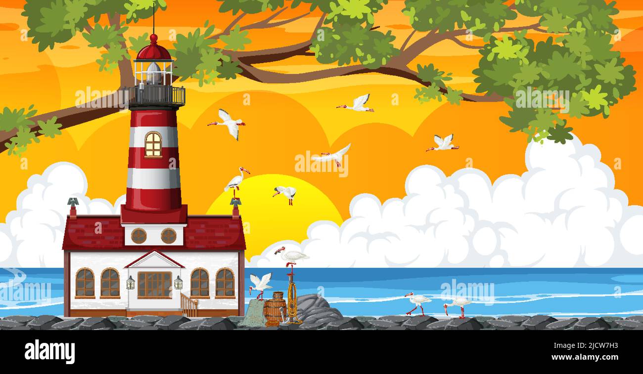 Sunset background with lighthouse on coast illustration Stock Vector ...