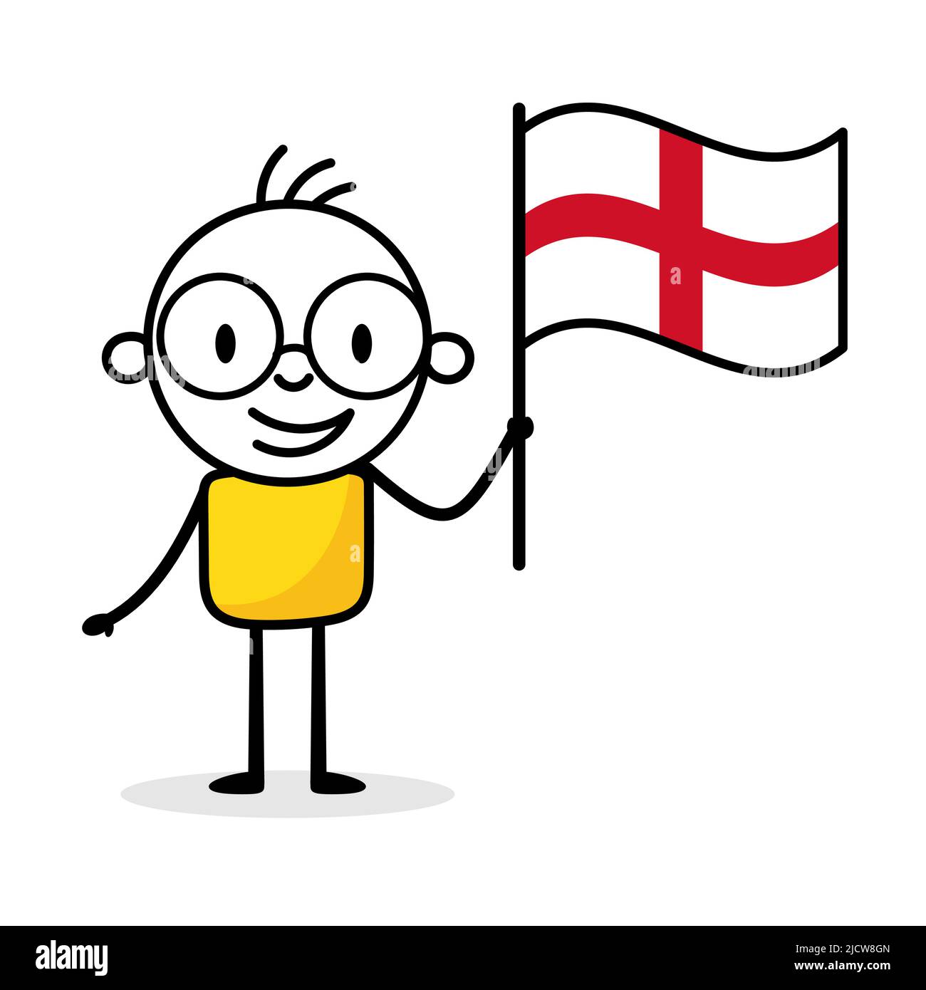 Man holding flag of England isolated on white background. Hand drawn