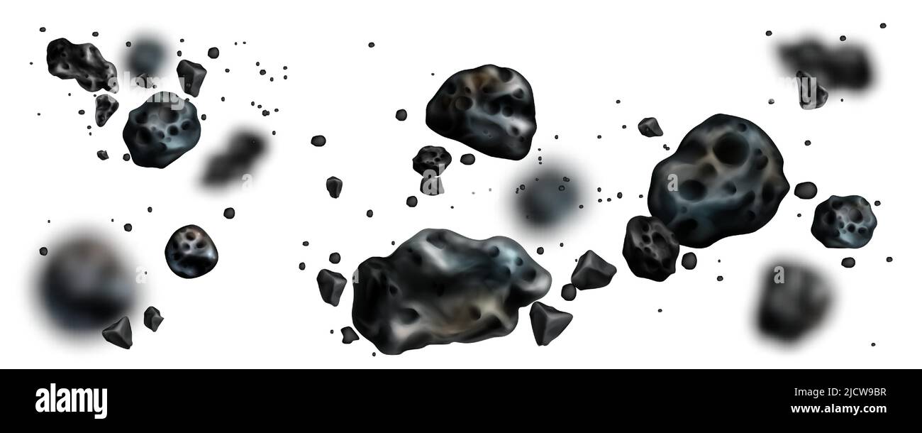 Stone asteroid belt realistic vector illustration. Meteor, space boulder or rock with craters flying in weightlessness isolated icon set on white background, various form Stock Vector