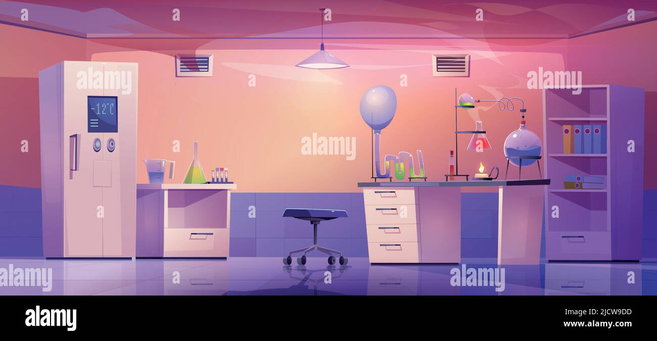 Chemical lab for science research, experiments and medical tests. Vector  cartoon illustration of laboratory room with microscope, flasks and tubes  on table, refrigerator and cupboard Stock Vector Image & Art - Alamy