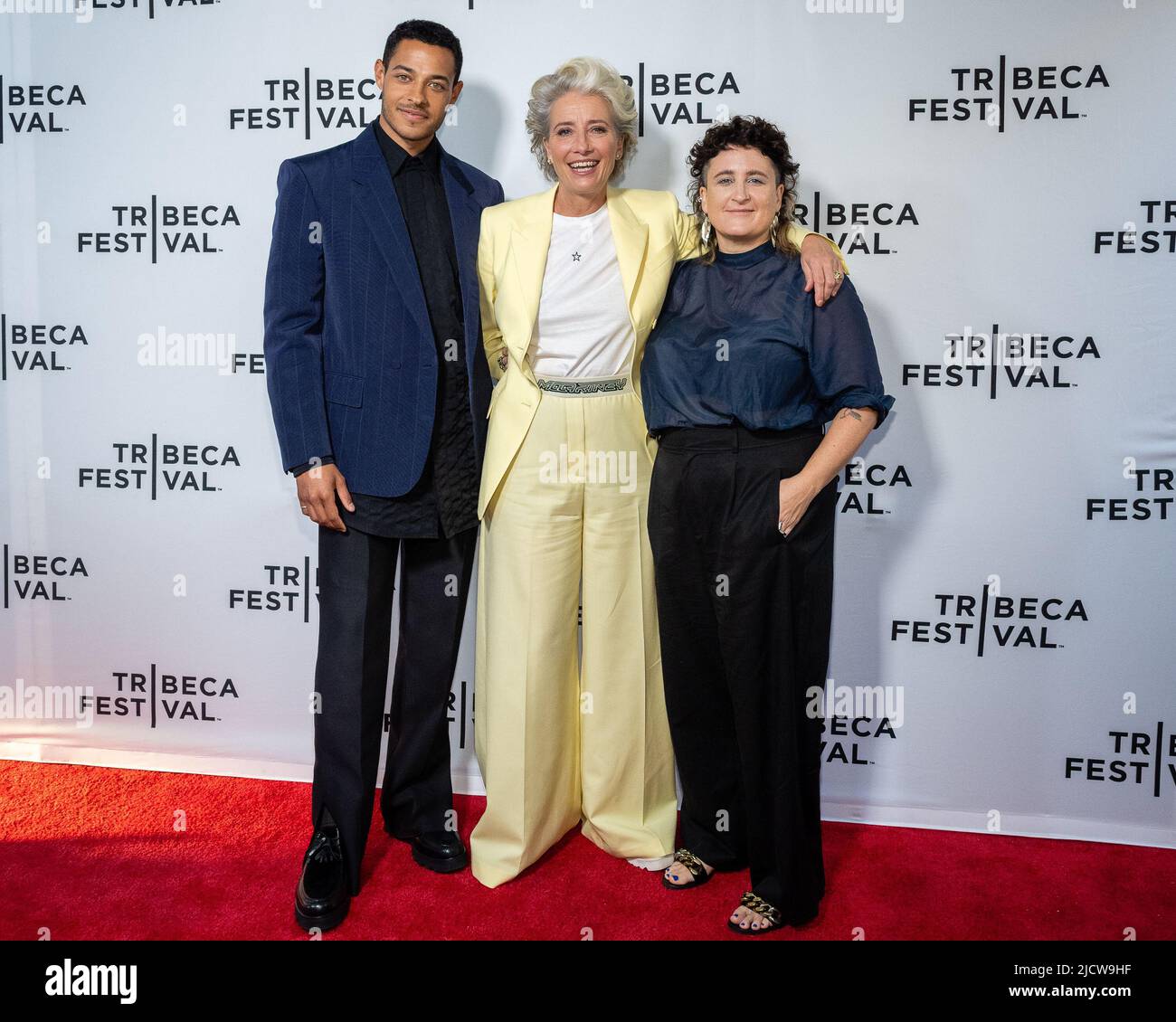 New York, United States. 15th June, 2022. (L-R) Daryl McCormack, Emma Thompson, and Sophie Hyde arrive on the red carpet for the New York premiere of 'Good Luck To You, Leo Grande' at the 2022 Tribeca Film Festival in New York City on June 15, 2022. Photo by Gabriele Holtermann/UPI Credit: UPI/Alamy Live News Stock Photo