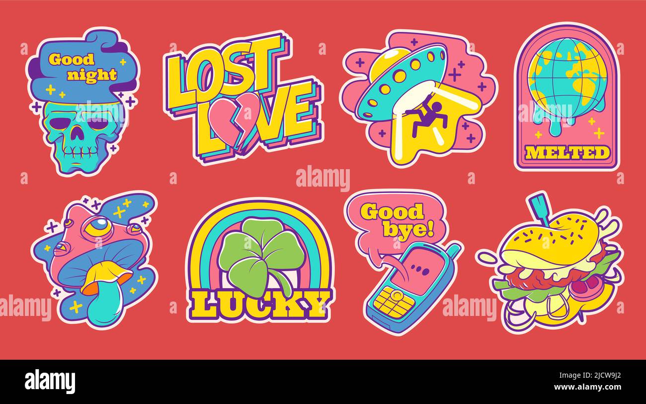 Trendy retro stickers with ufo, clover leaf, mushroom and camera. Vector set of contemporary comic badge or patches with hamburger, melted globe and skull. Kitsch art, psychedelic 90s design Stock Vector