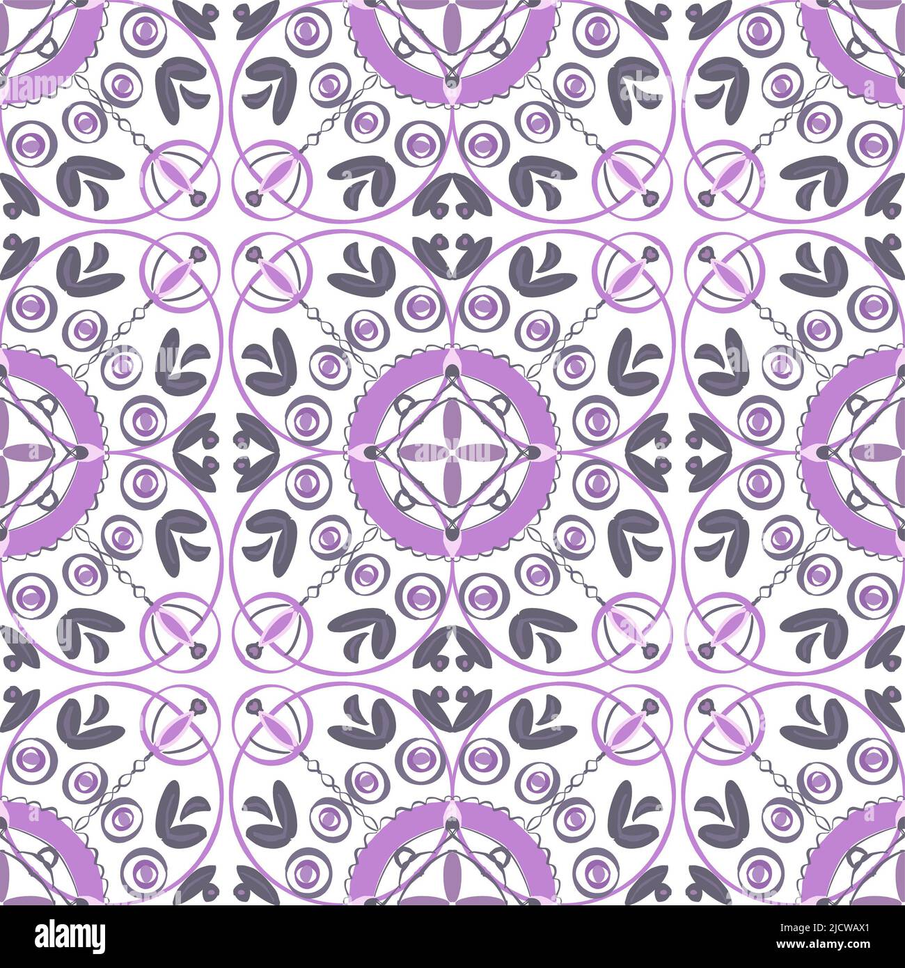 A mauve and grey mandala style design on white. Seamless surface pattern repeat. Wallpaper, fabric, home decor. Hand drawn. Stock Photo