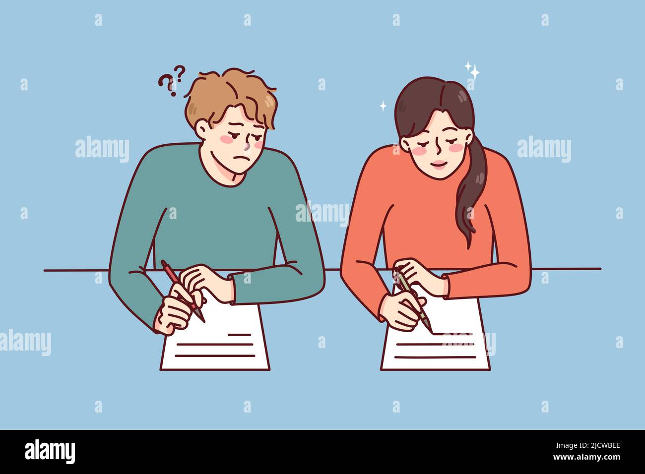 Boy cheating on school exam copy answers from female classmate. Schoolchildren with papers on examination during test. Flat vector illustration.  Stock Vector