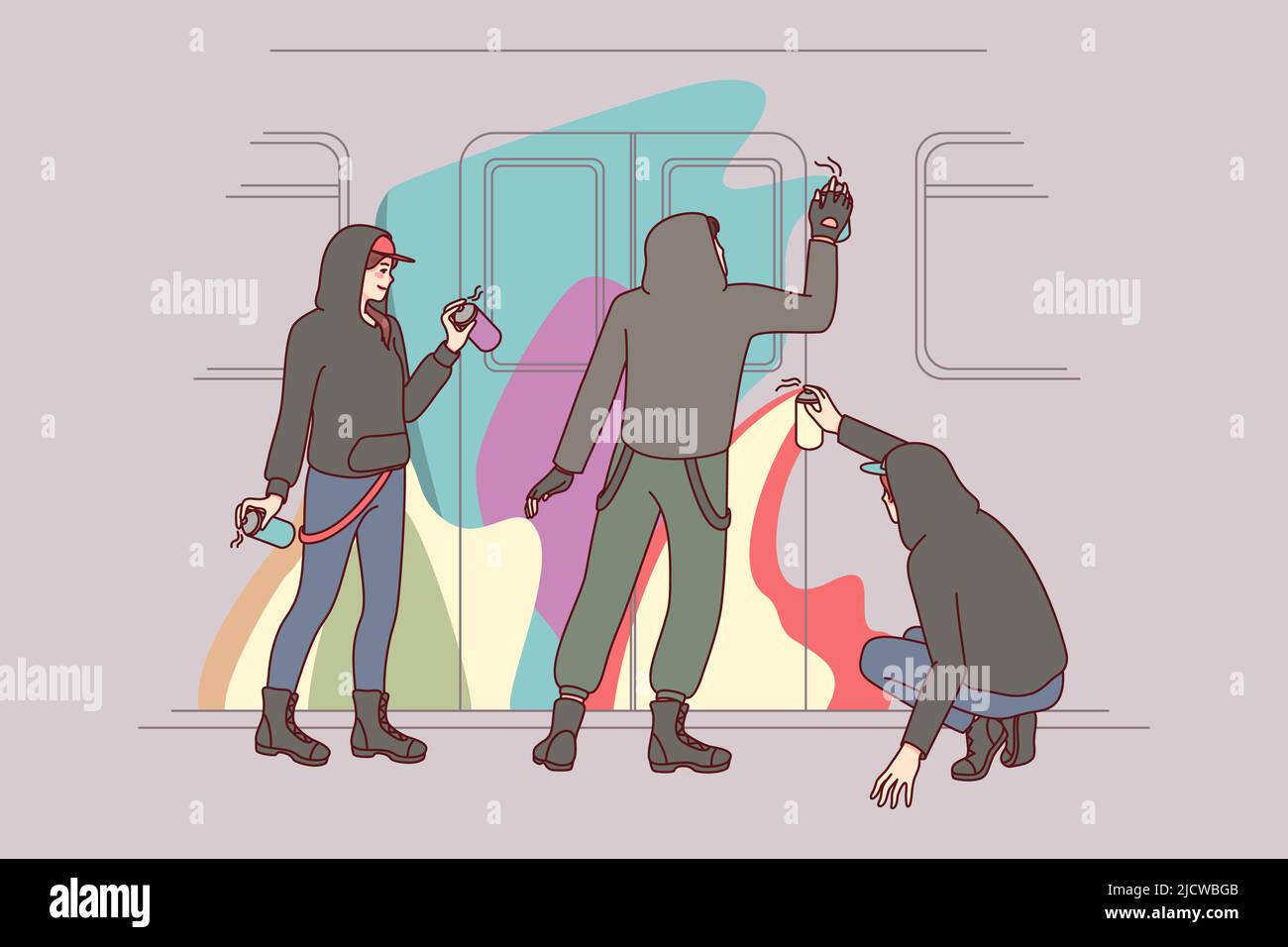 People painting subway train with graffiti. Vandals drawing subculture art with aerosol paints on train. Vandalism and sabotage concept. Vector illustration.  Stock Vector