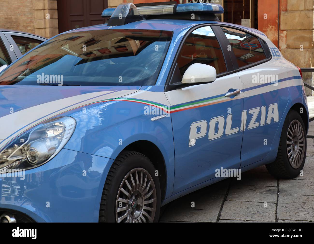 Italian Police car. Polizia Italiana, keeping safety in Bologna. Stock Photo