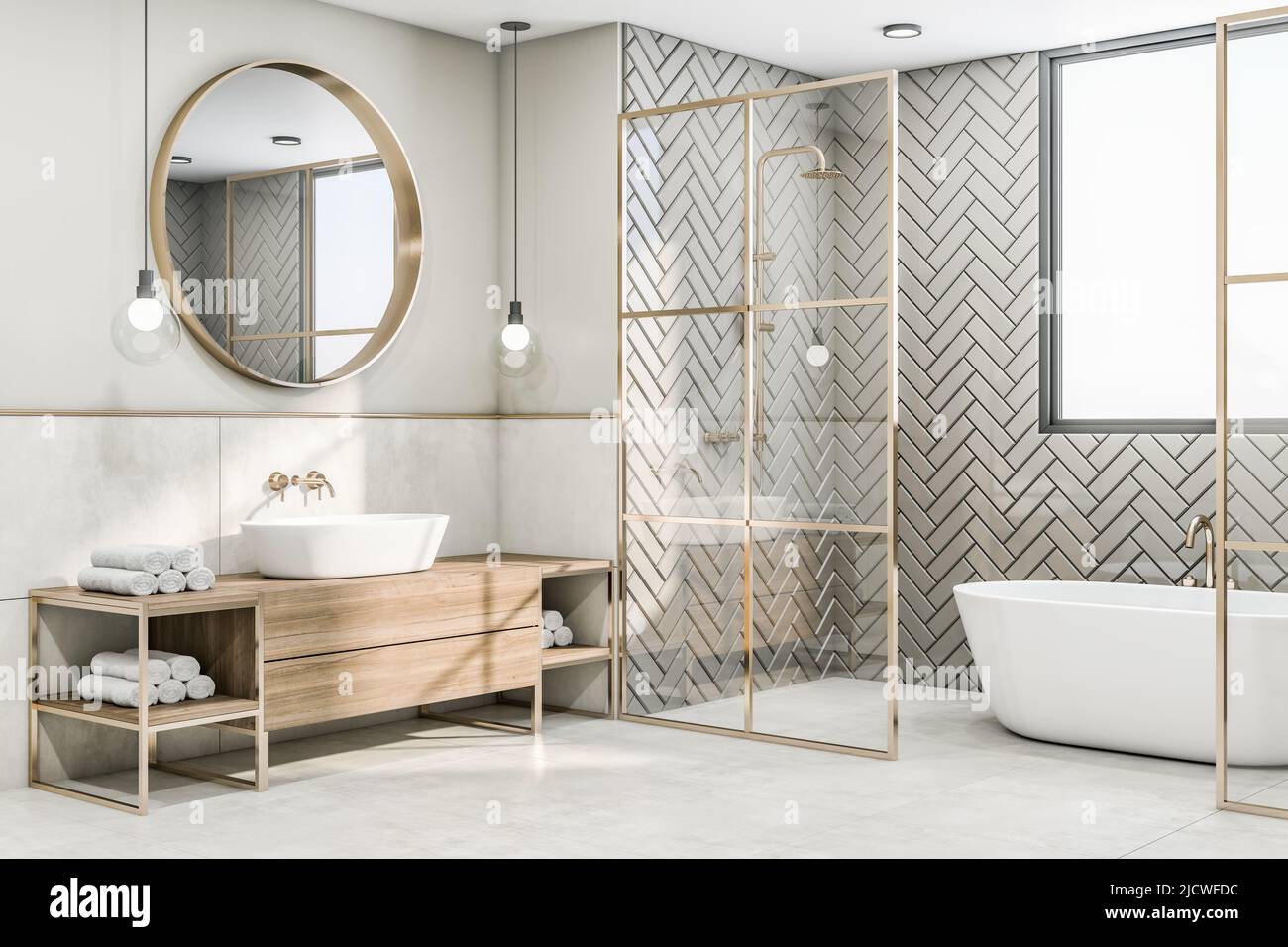 Perspective view on sunny modern interior design bathroom with