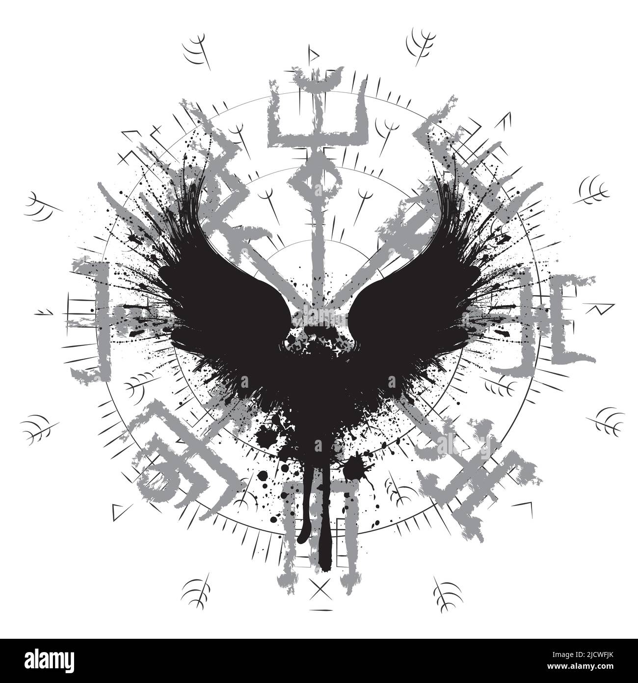 Grunge raven silhouette with runes Stock Vector