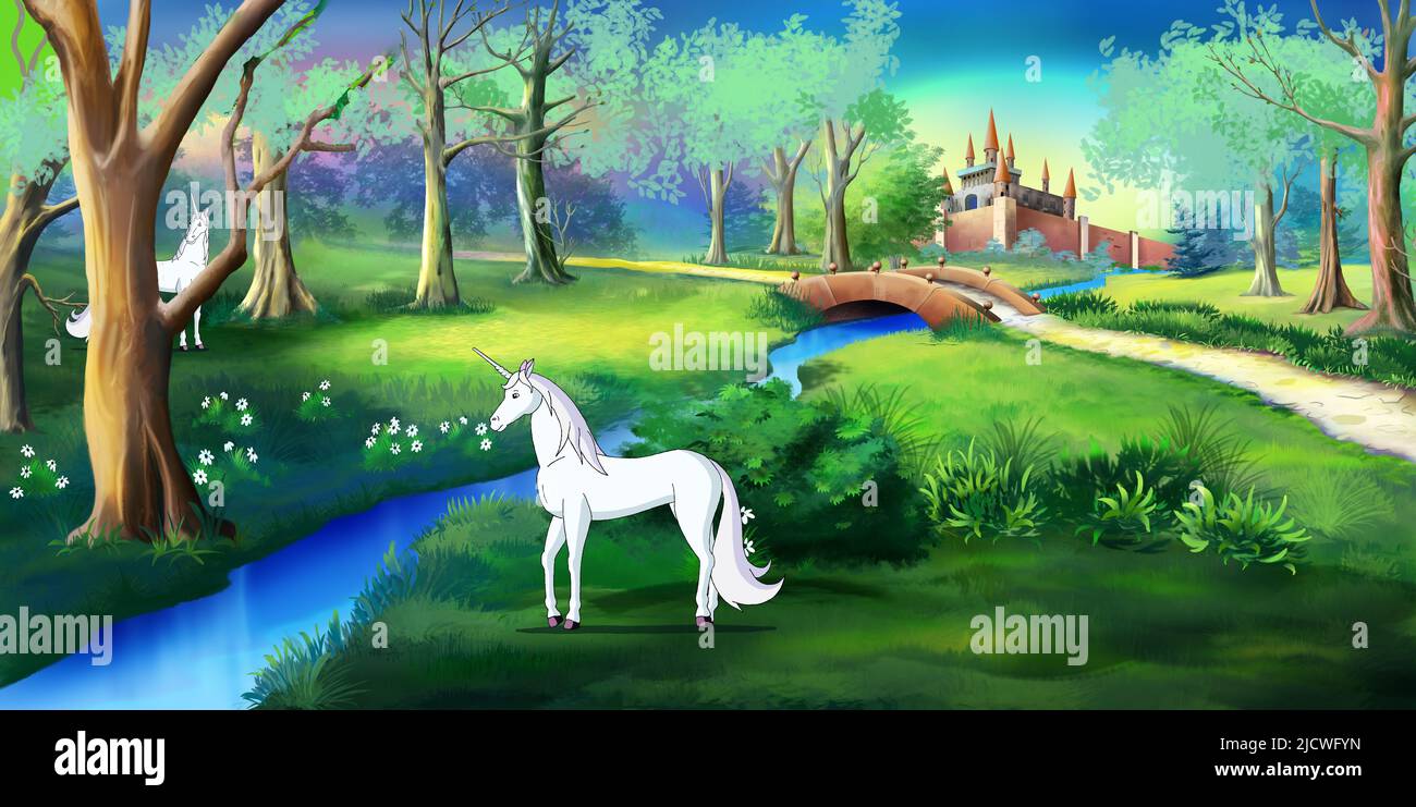 White Unicorn in a magic forest near a fairy tale castle. Digital ...
