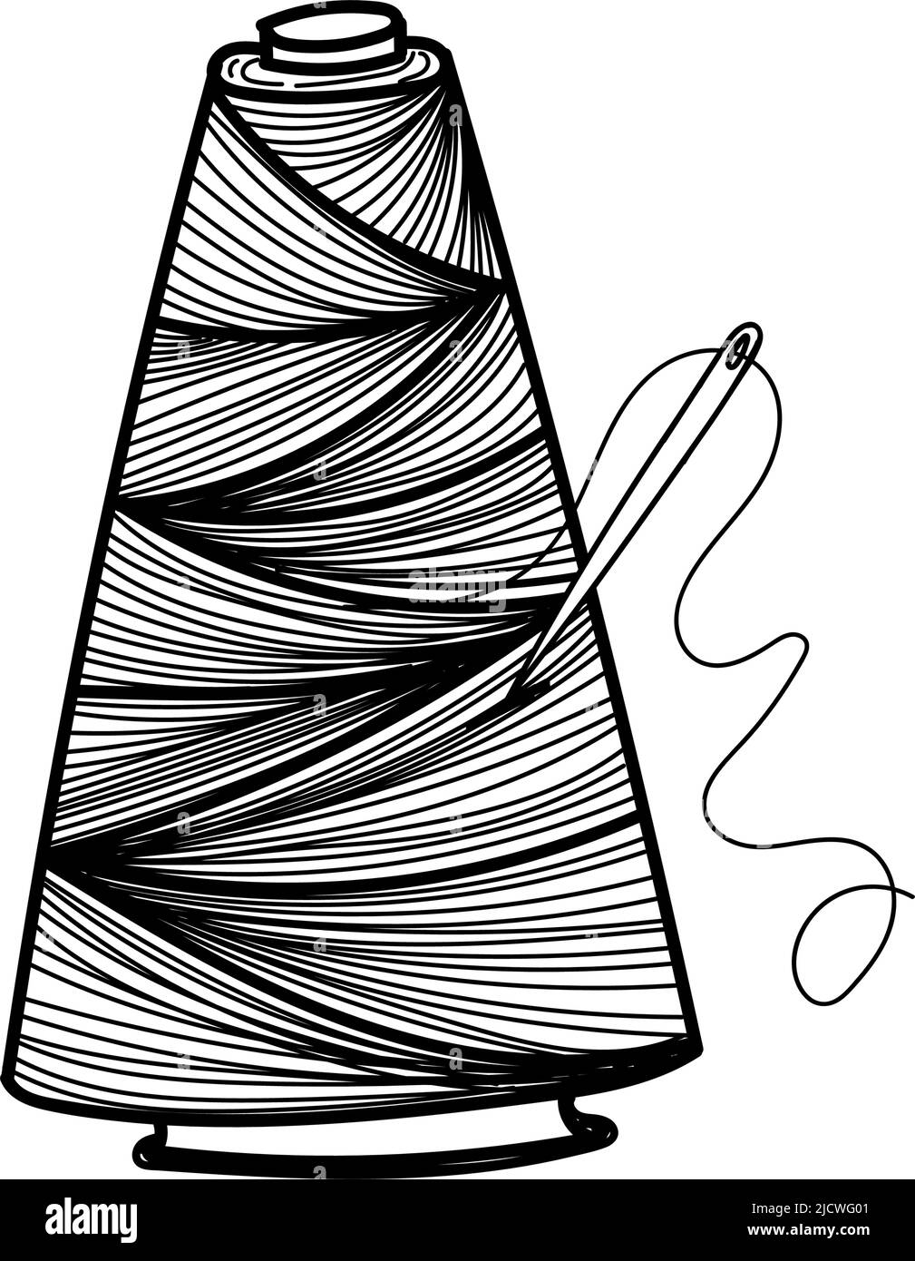 Large bobbin of thread with needle, handdrawn in sketch style. Cross