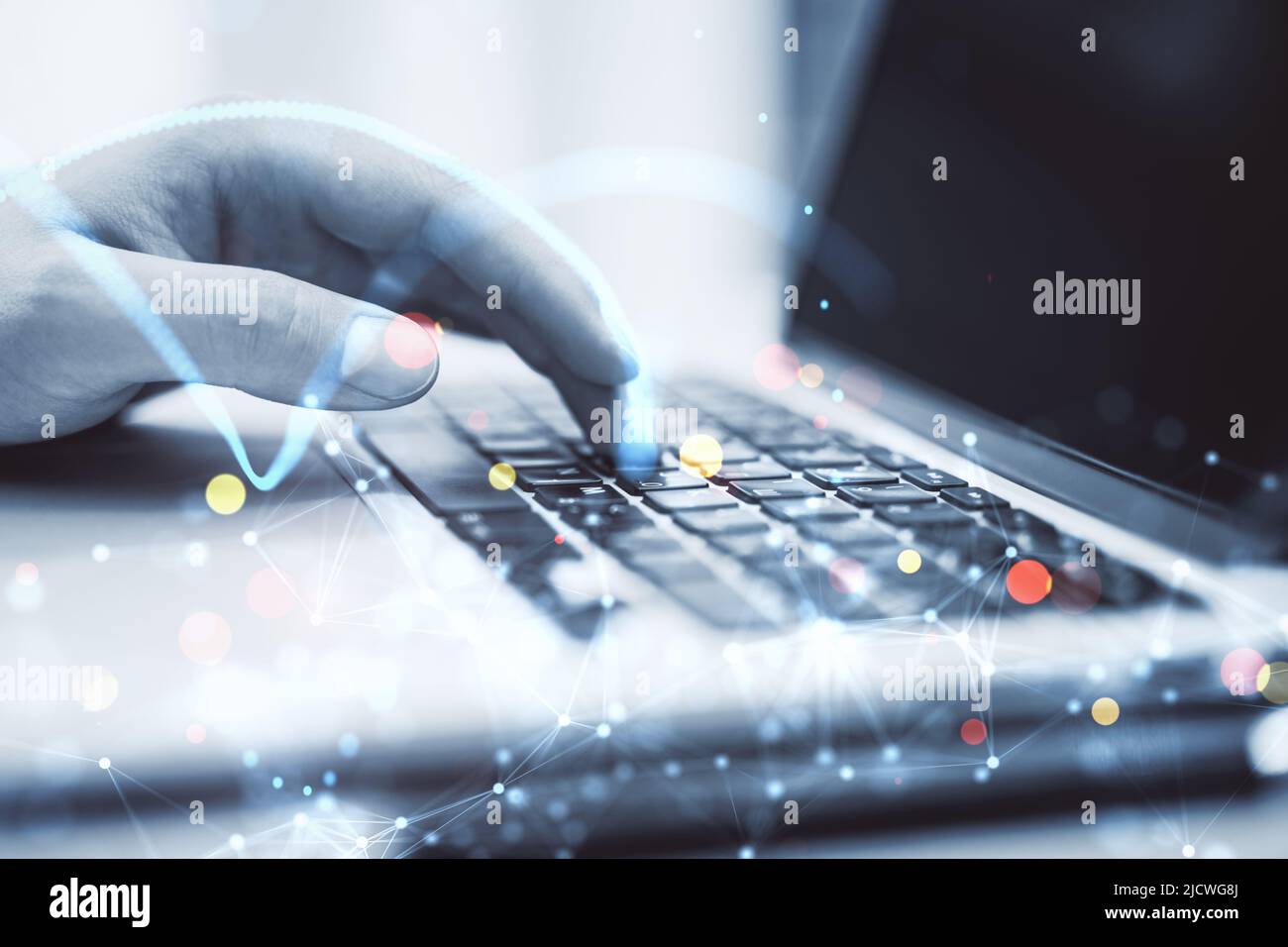 Technology concept with abstract digital network illustration and man finger on laptop keyboard, double exposure Stock Photo