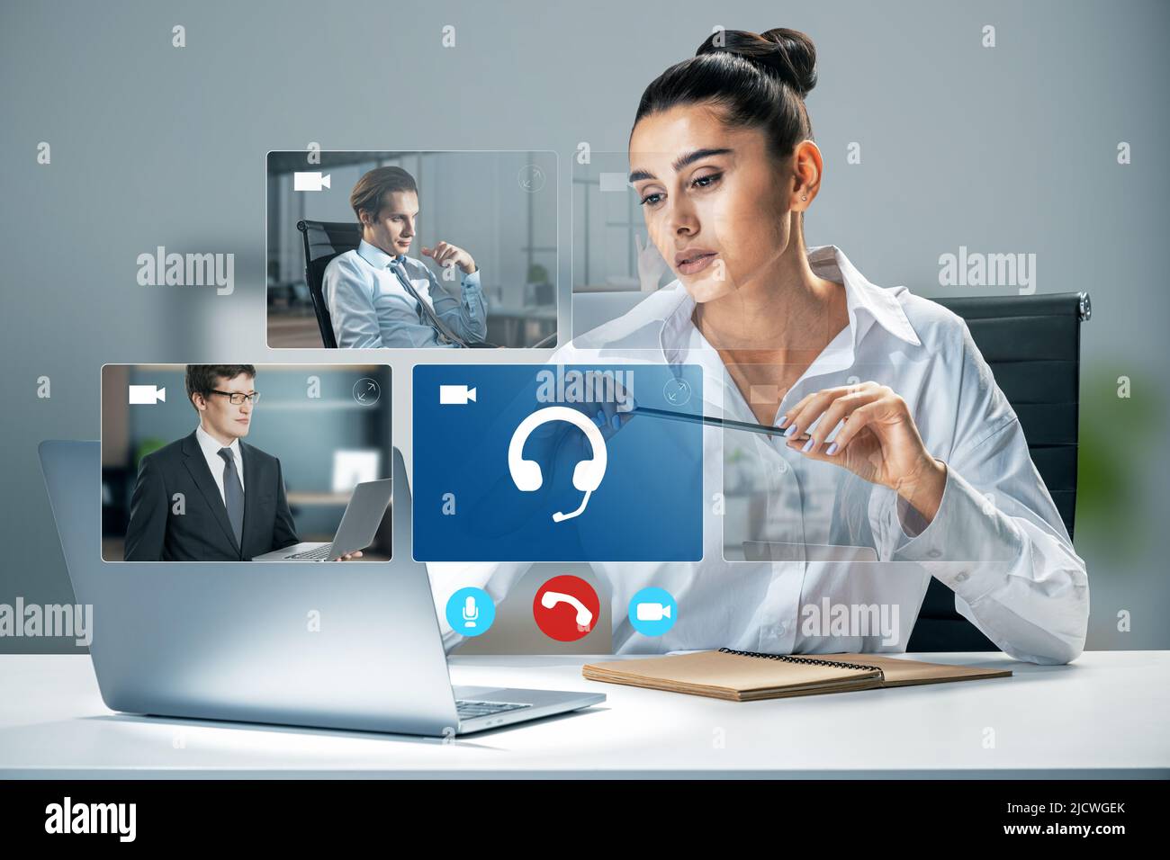 Online meeting and video conference concept with young woman looking at ...