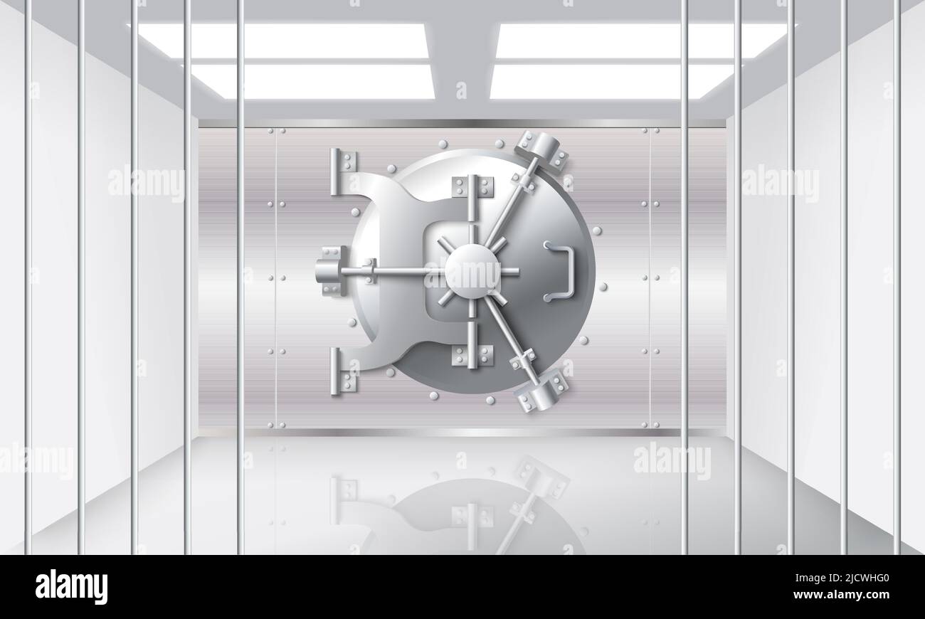 Bank safe in bunker room vector illustration. Open protective metal grilled gate and closed steel door under lock. Secure finance and treasure storage Stock Vector