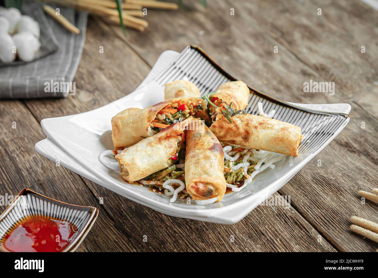 Portion of fried asian spring rolls Stock Photo
