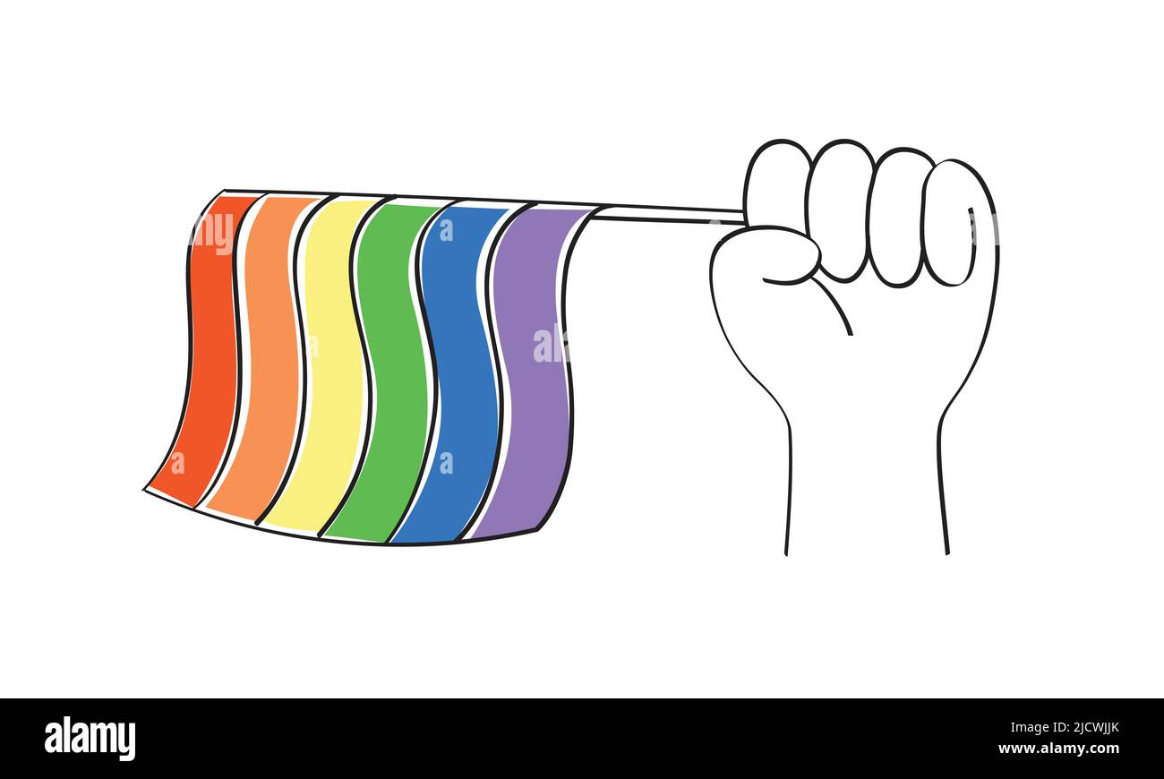 Pride month. LGBTQ+ hand holding a rainbow flag in doodle style-cute ...