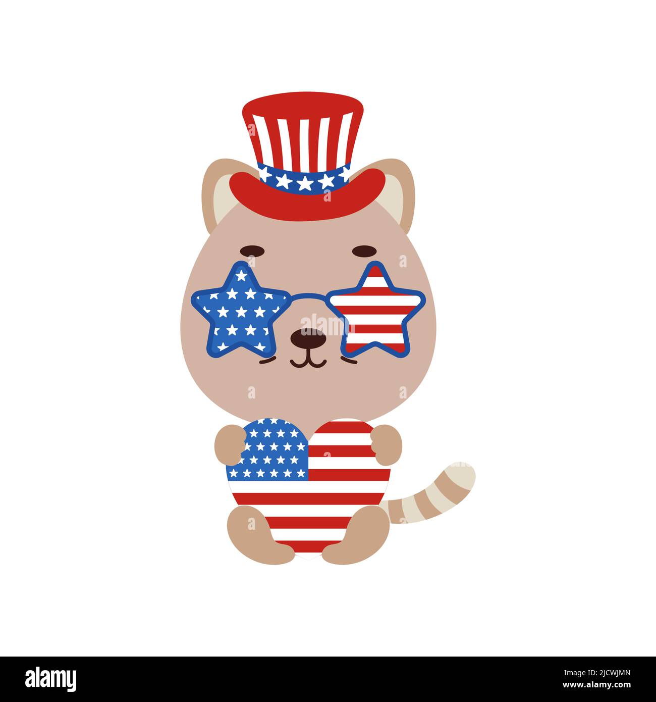 Cute little cat holding heart in USA patriotic hat and glasses. Cartoon animal character for kids t-shirt, decoration, baby shower, greeting card, hou Stock Vector