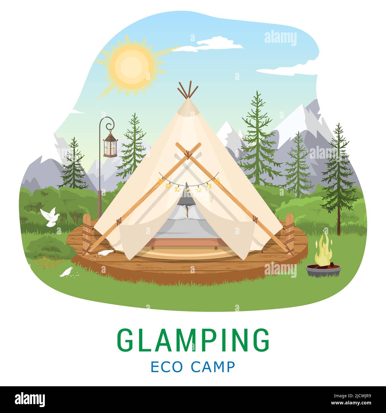 Glamping advertising eco tent camp vector poster Stock Vector