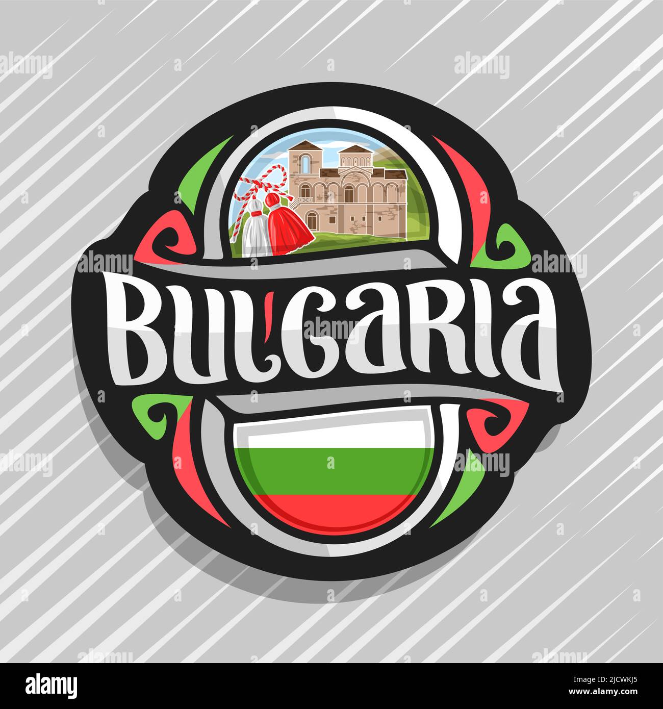 Vector logo for Bulgaria country, fridge magnet with bulgarian flag, original brush typeface for word Bulgaria, bulgarian symbol - red and white marte Stock Vector
