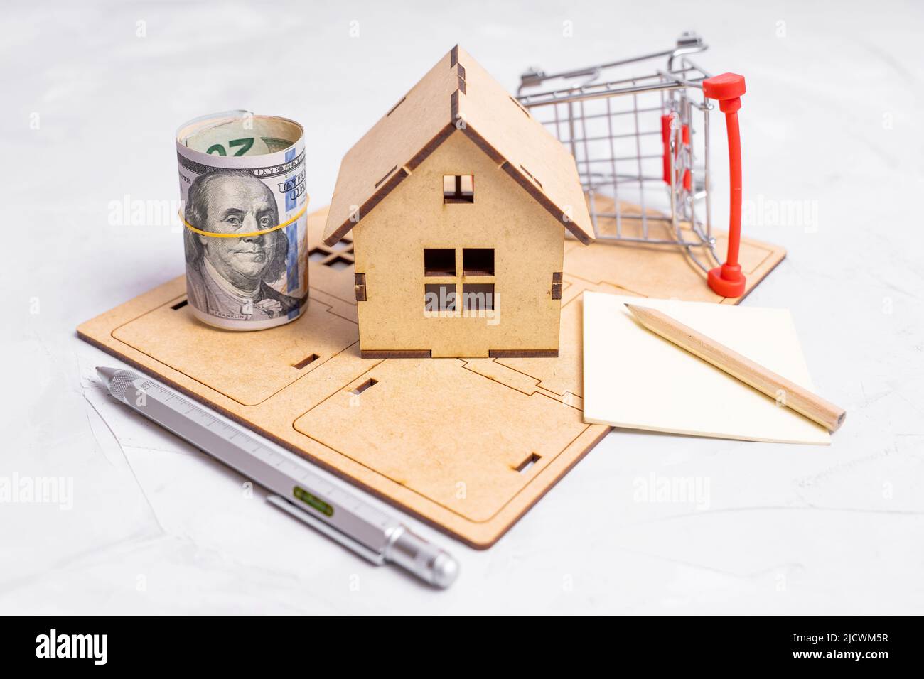 House construction. Materials quantity and transportation costs calculation. Stock Photo